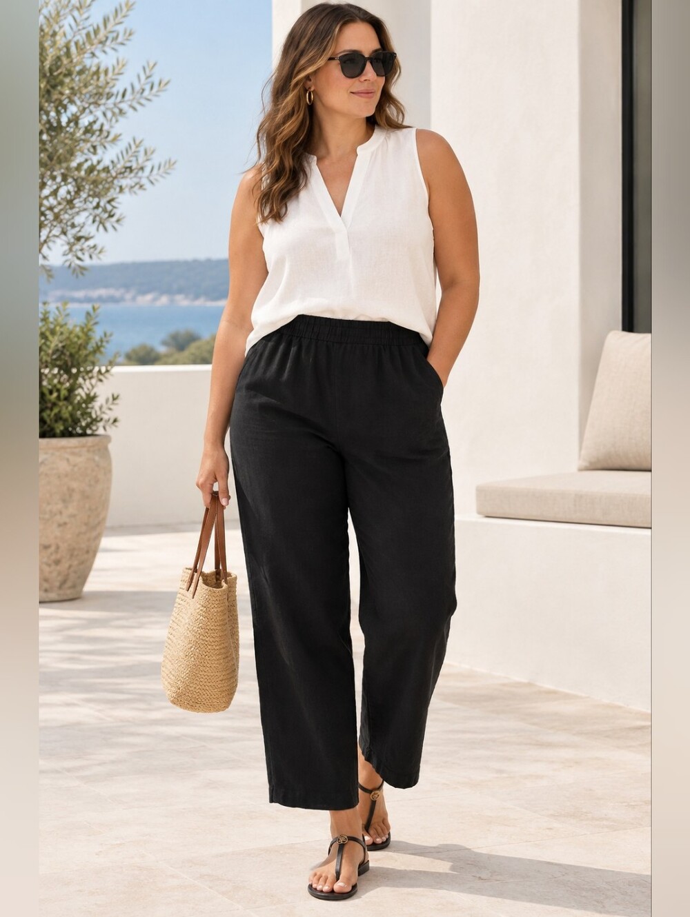 Gap Black Linen Blend Straight Leg Pull-on Pants Minimalist Women's XL Tall NWT